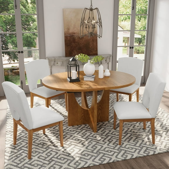 Harper & Bright Designs 5 Pieces Extendable Round Dining Table Set for 4, Modern Kitchen Dining Table with Removable Leaf and 4 Upholstered Chairs for Dining Room, Walnut+Beige