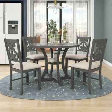 Churanty 5 Pieces Farmhouse Round Dining Table for 4, Wooden Table with Special-shaped Legs and 4 Chair with Hollow Designed Back for Dining Room,Gray