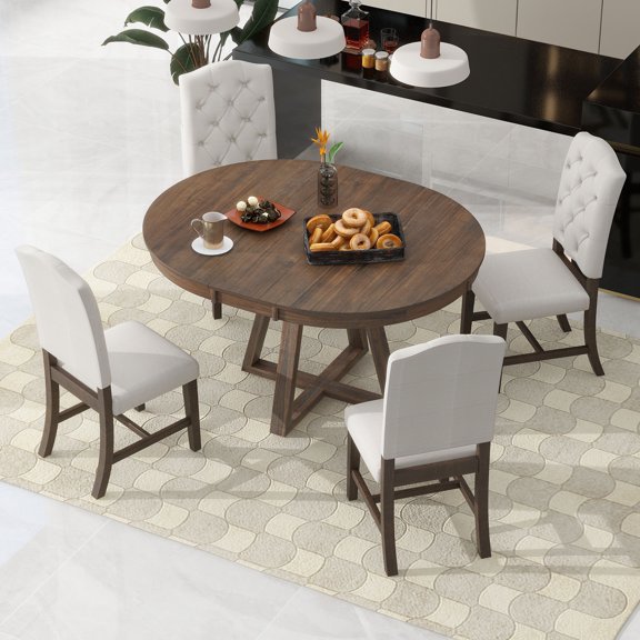 Harper & Bright Designs 5 Pieces Extendable Dining Set for 4, Round Table with Leaf and 4 Upholstered Chairs for Kitchen Dining Room, Walnut