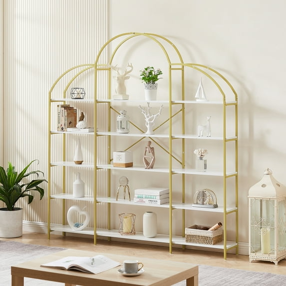 Harper & Bright Designs 5 Tiers Gold Office Bookcase Corner Cube Bookshelf Metal Frame Display Shelf with Round Top