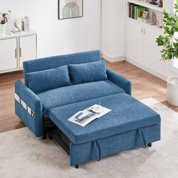 Harper & Bright Designs 55.1" Pull Out Sleep Sofa Bed Loveseats Sofa Couch with Adjsutable Backrest, Storage Pockets, 2 Soft Pillows for Living Room, Bedroom, Apartment, Office, Blue
