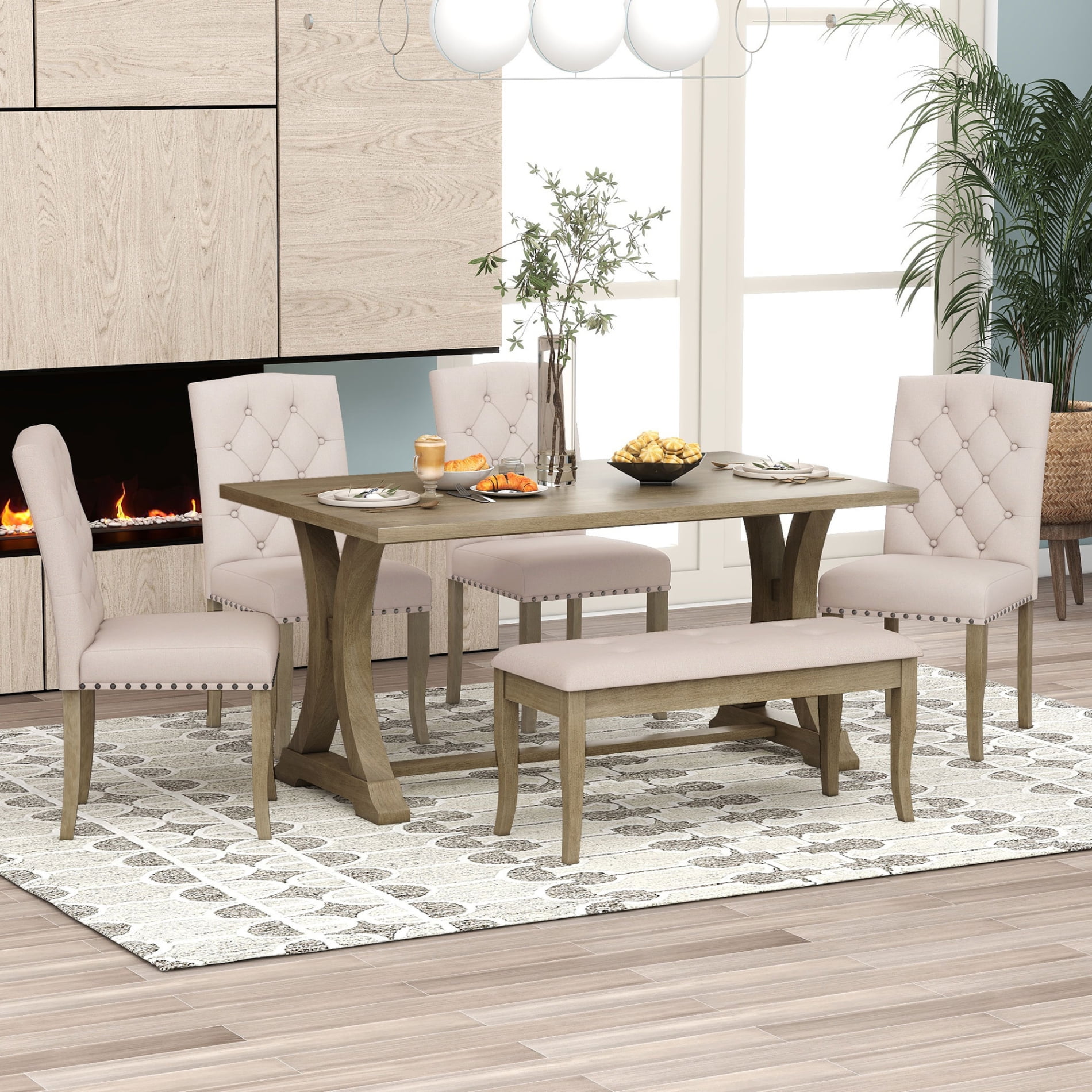 Churanty 6 Piece Kitchen Style Dining Set, Farmhouse Room Table & 4 Upholstered Chairs & Bench