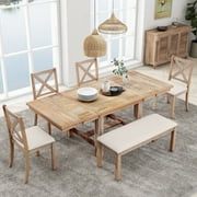 Harper & Bright Designs 6-Piece Farmhouse Solid Wood Extendable Table Dining Table Set with Removable Leaf, Natural