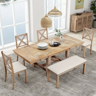 Churanty 6-Piece Farmhouse Solid Wood Extendable Table Dining Table Set with Removable Leaf, Natural