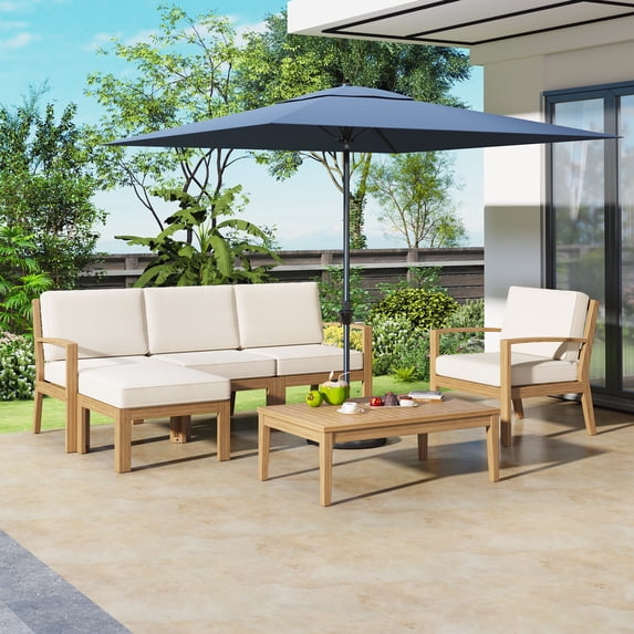 Harper & Bright Designs 6 Piece Outdoor Sectional Sofa Set, Acacia Wood Frame Patio Sectional Sofa Set with Coffee Table and Removable Cushion & Multi-Functional Ottoman for Garden Backyard, Beige