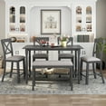 thumbnail image 1 of Harper & Bright Designs 6 Pieces Counter Height Dining Table Set with Bench, Wooden Dining Table Set 4 Chairs with Shelf and Pad, Kitchen Table and Chairs for 6 Persons, Gray, 1 of 12