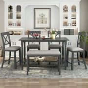 Harper & Bright Designs 6 Pieces Counter Height Dining Table Set with Bench, Wooden Dining Table Set 4 Chairs with Shelf and Pad, Kitchen Table and Chairs for 6 Persons, Gray