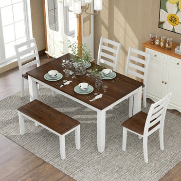 Harper & Bright Designs 6 Pieces Dining Room Table Set Wooden Rectangle Dining Table with 4 Chairs and Bench, Walnut + Cottage White