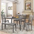 thumbnail image 1 of Harper & Bright Designs 6 Pieces Farmhouse Kitchen Table set for 6, Wooden Rustic Dining Table set with 4 Cross Back Chairs and Bendch, Antique Graywash, 1 of 16