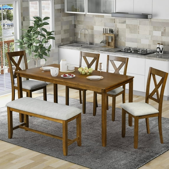Harper & Bright Designs 6 Pieces Kitchen Upholstered Dining Table Set for 6 with Bench Wooden Rectangular Dining Table and 4 Chairs, Brown