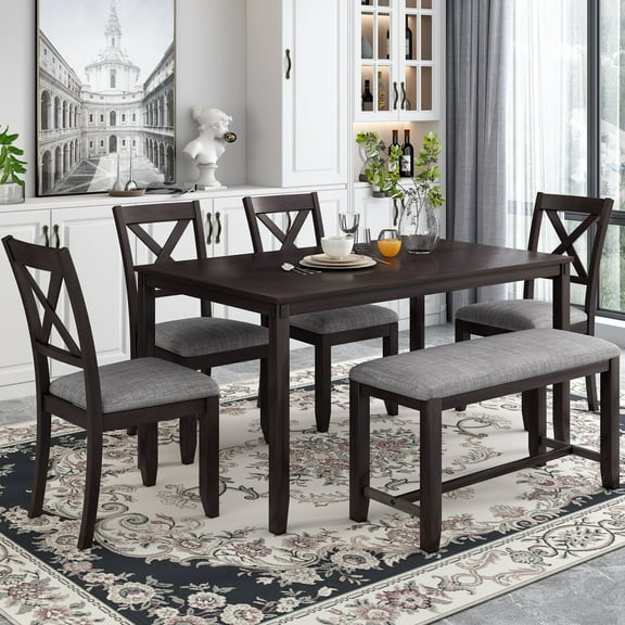 Harper & Bright Designs 6 Pieces Kitchen Upholstered Dining Table Set for 6 with Bench Wooden Rectangular Dining Table and 4 Chairs, Espresso