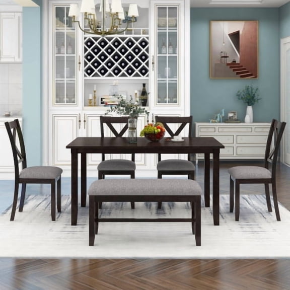 Harper & Bright Designs 6 Pieces Kitchen Upholstered Dining Table Set for 6 with Bench Wooden Rectangular Dining Table and 4 Chairs, Espresso