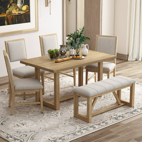 Harper & Bright Designs 6 Pieces Retro Dining Set for 6, Rectangular Dining Table with Trestle Base and 4 Upholstered Chairs and 1 Bench for Dining Room and Kitchen, Natural