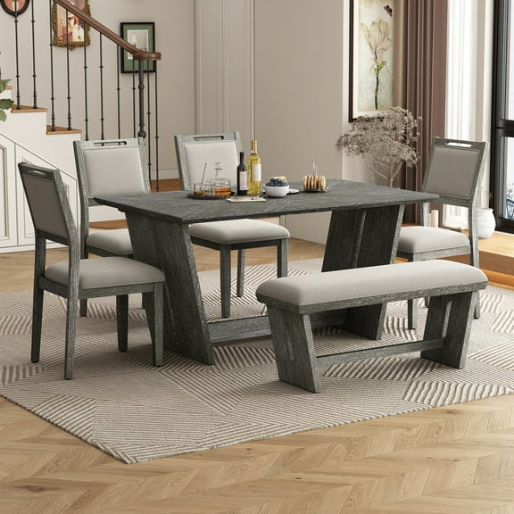 Harper & Bright Designs 6 Pieces Retro Dining Set, Rectangular Table Set with Stable Trapezoidal Table Base and 4 Upholstered Chairs and 1 Bench for Dining Room, Gray