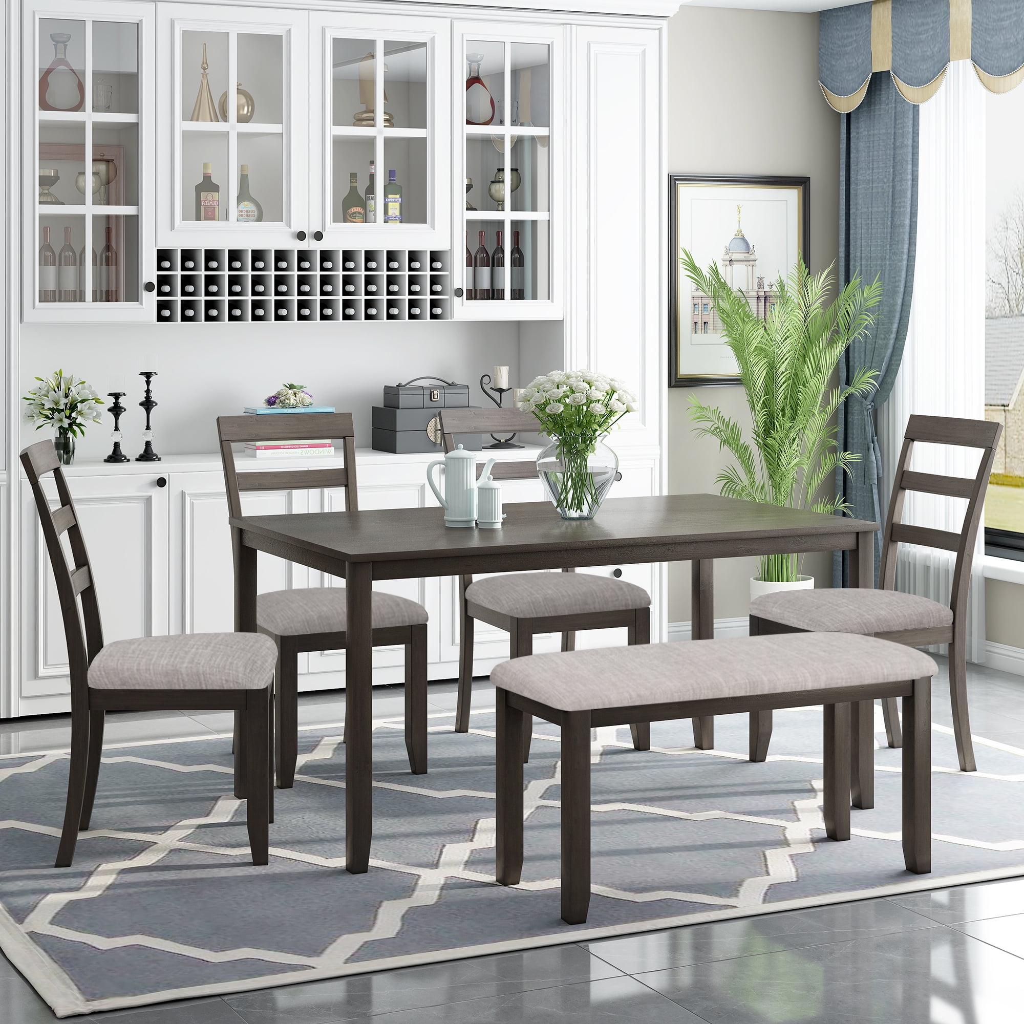 Churanty 6 Pieces Upholstered Dining Table Set for 6 with Bench Wooden