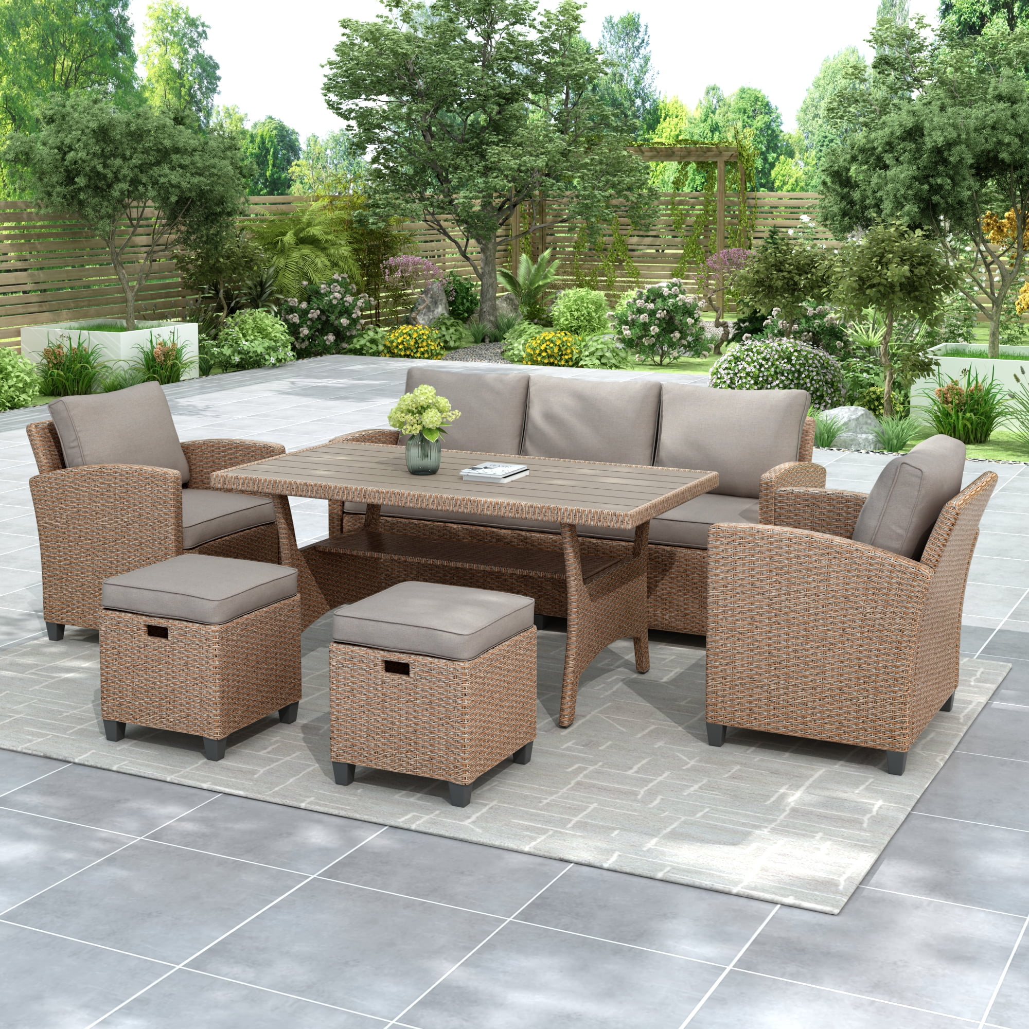 Harper & Bright Designs 6 Pieces Wicker Outdoor Patio Furniture Set with 3-Seater Sofa, 2 Armchairs, Coffee Table & Stools, All-Weather Rattan Conversation Lounge Set for Backyard Garden, Natural