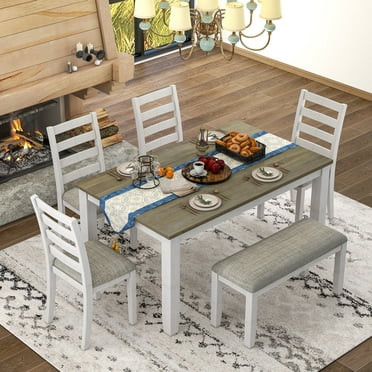 Harper & Bright Designs 6 Pieces Wood Dining Room Table Set for 6, Rectangle Dining Table with 4 Upholstered Chairs and Bench, Brown + Whitewash