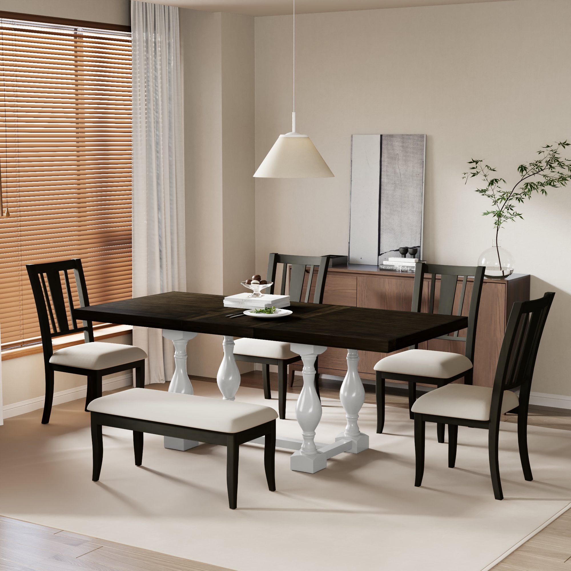 Churanty 6 Pieces Wood Dining Table Set Rectangular Table with Turned Legs, 4 Upholstered Chairs ...