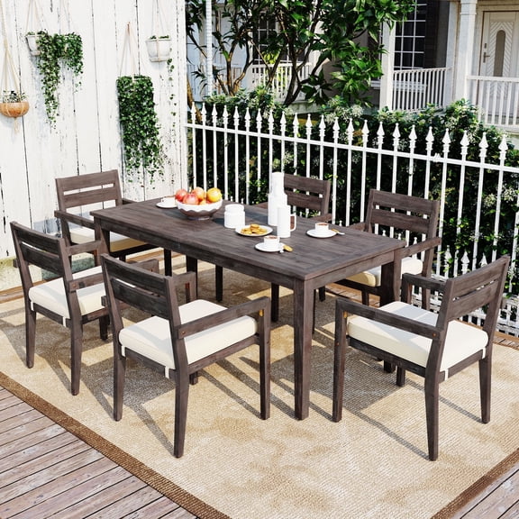 Harper & Bright Designs 7 Piece Acacia Wood Outdoor Dining Set for 6, Wood Table and Chairs with Soft Cushion for Patio Balcony and Backyard, Grey