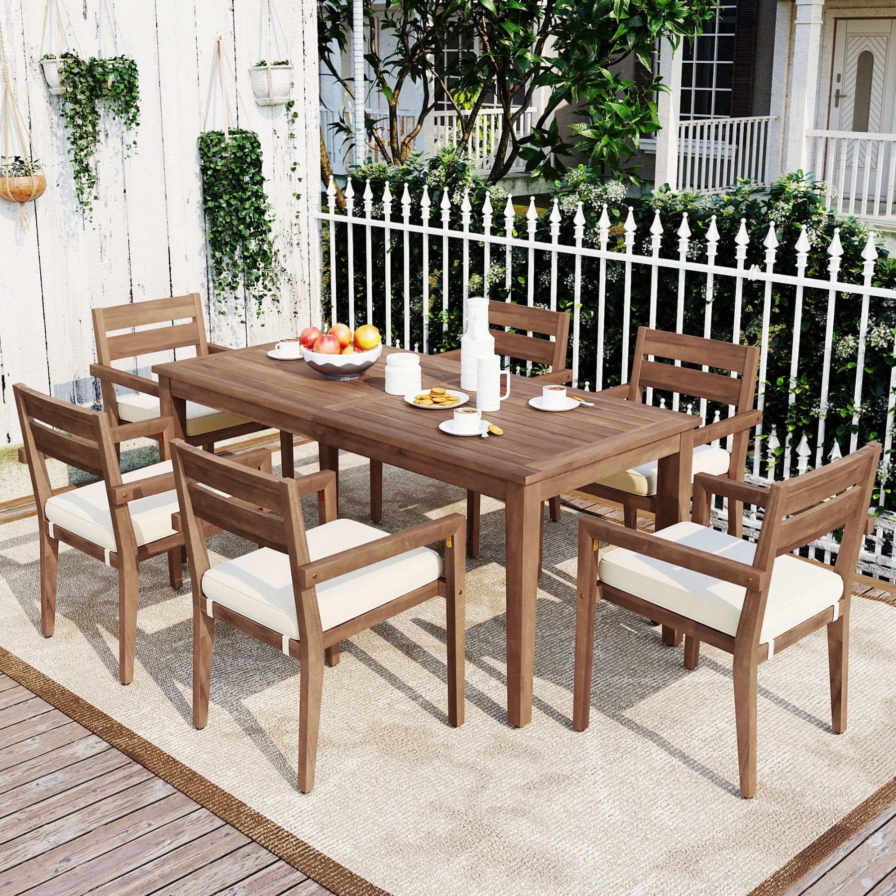 Harper & Bright Designs 7-Piece Contemporary Acacia Wood Sturdy Frame Dining Furniture Sets Burly Wood