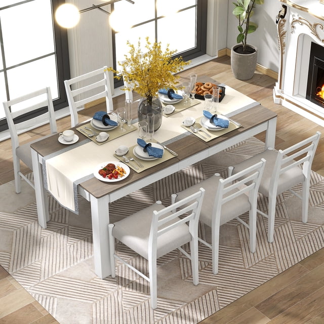 Churanty 7-Piece Extendable Dining Set, Wooden Table with 12” Leaf, 2 ...