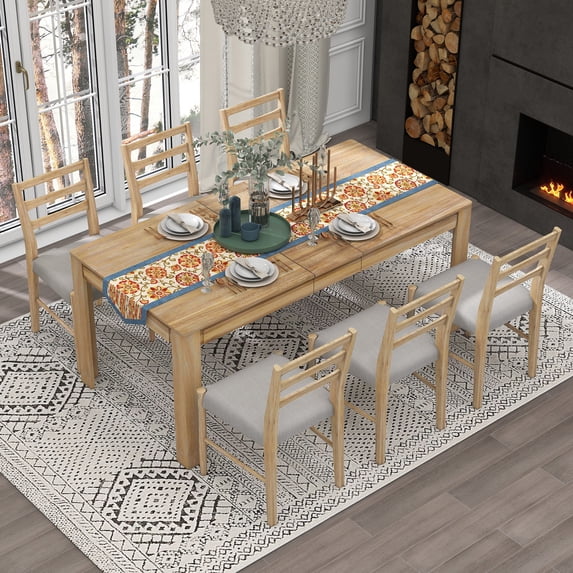Harper & Bright Designs 7 Piece Extendable Dining Table Set for 6 Wooden Mutifunctional Dining Table with 12” Leaf and 2 Drawers, 6 Dining Chairs with Soft Cushion, Natural Wood Wash