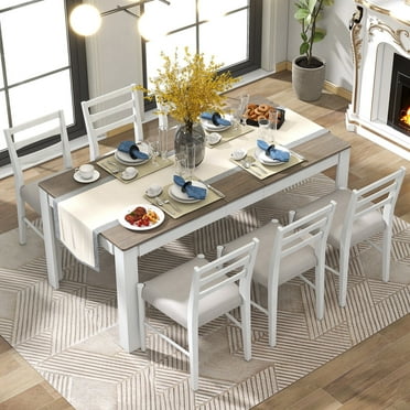 Churanty 7 Piece Wood Extendable Dining Table Set, Brown/White