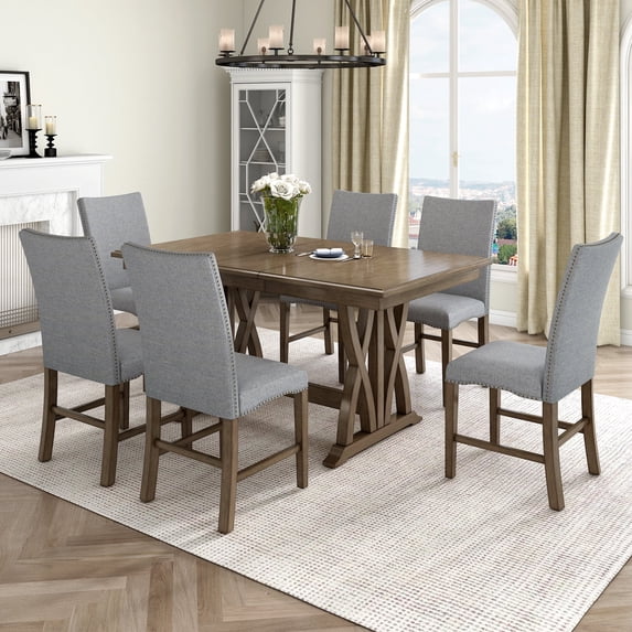 Harper & Bright Designs 7 Pieces Extendable Dining Table Set for 6, Farmhouse Kitchen Table Set with 6 Upholstered Chairs for Dining Room, Gray
