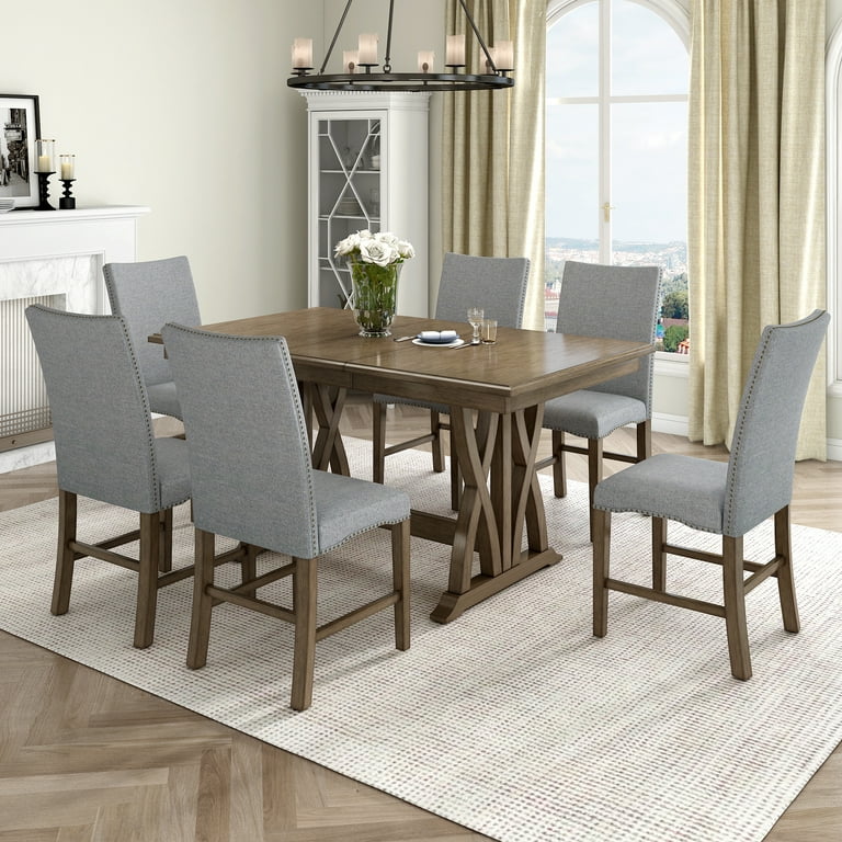 Churanty 7 Piece Extendable Dining Table Set Farmhouse Kitchen Set with 6 Upholstered Chairs Gray Walmart