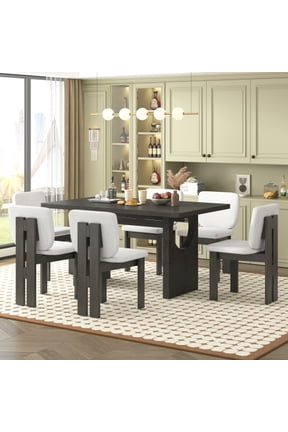 7 Pieces Retro Dining Set for 6, Wood Rectangular Table with Designed Trestle Base and 6 Upholstered Chairs for Dining Room and Kitchen, Grey