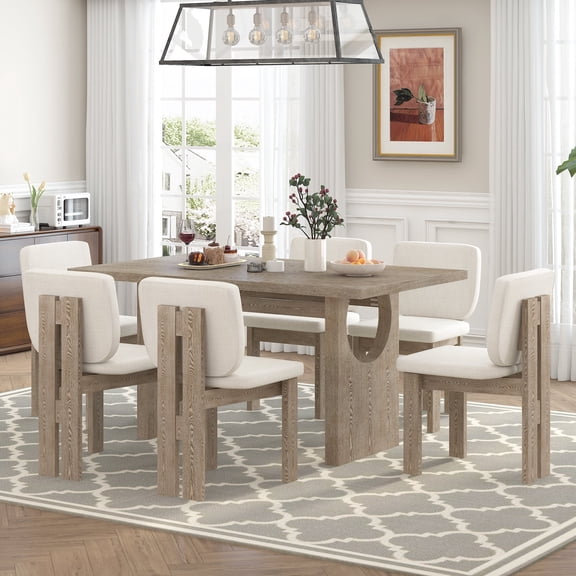 Harper & Bright Designs 7 Pieces Retro Dining Set for 6, Wood Rectangular Table with Designed Trestle Base and 6 Upholstered Chairs for Dining Room and Kitchen, Natural Wood Wash
