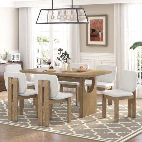 Harper & Bright Designs 7 Pieces Retro Dining Set for 6, Wood Rectangular Table with Designed Trestle Base and 6 Upholstered Chairs for Dining Room and Kitchen, Natural Wood Wash