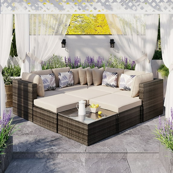 Harper & Bright Designs 8 Piece Patio Furniture Set, All Weather Outdoor Wick Sofa Set, Rattan Sofa Lounger with Colorful Pillows, Outdoor Conversation Sofa Set, Brown Wicker+Beige Cushion