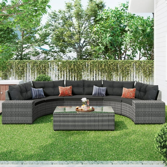 Harper & Bright Designs 8 Pieces Outdoor Rattan Round Sofa Set, Half-Moon Sectional All Weather, Curved w/Rectangular Coffee Table, Wicker Water-Resistant & UV Protected for Backyard, Gray Cushion
