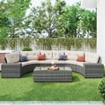 thumbnail image 1 of Harper & Bright Designs 8 Pieces Outdoor Rattan Round Sofa Set, Half-Moon Sectional All Weather, Curved w/Rectangular Coffee Table, Wicker Water-Resistant & UV Protected for Backyard, Beige Cushion, 1 of 14