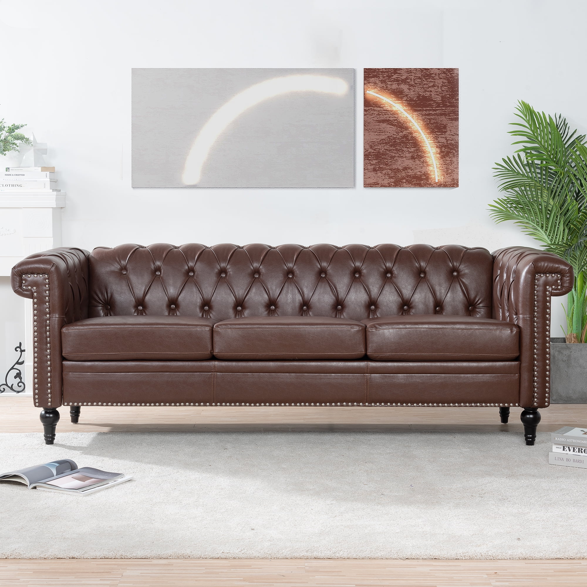 Churanty 82.5" Dark Brown Faux Leather Chesterfield Sofa, 3 Seater ...