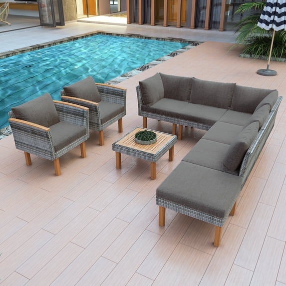 Harper & Bright Designs 9 Piece Patio Conversation Sets, All Weather Wicker Outdoor Sectional Sofa with Wood Legs, PE Rattan Sofa Set with Armrest Chairs and Coffe Table, Gray