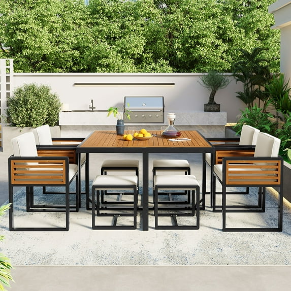 Harper & Bright Designs 9 Pieces Outdoor Patio Dining Set with Square Table, Space Saving Wood and Metal Frame Outdoor Furniture Dining Set with 4 Chairs & 4 Ottomans for Backyard Garden, Beige