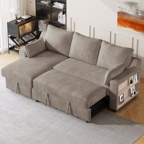 Harper & Bright Designs 90" L Shaped Convertible Sofa Bed with Chaise and Storages Racks, Pull Out Sleeper Corner Couch w/USB Ports for Dorm Apartment Office, Light Brown