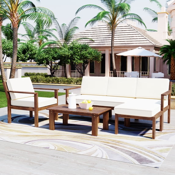 Harper & Bright Designs Acacia Wood Patio Conversation Set, 4 Pieces Outdoor Sectional Sofa Set with Coffee Table and Removable Cushion for Garden Backyard Patio and Poolside, Beige