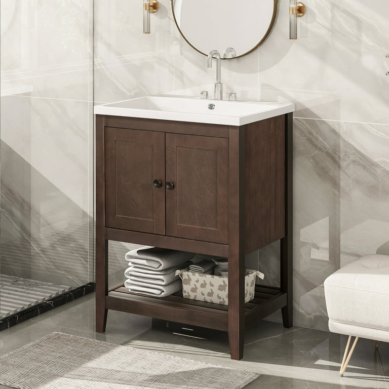 Churanty 36 Bathroom Vanity with Ceramic Basin, Bathroom Storage Cabinet  with Two Doors and Drawers, Solid Frame, Metal Handles, Brown