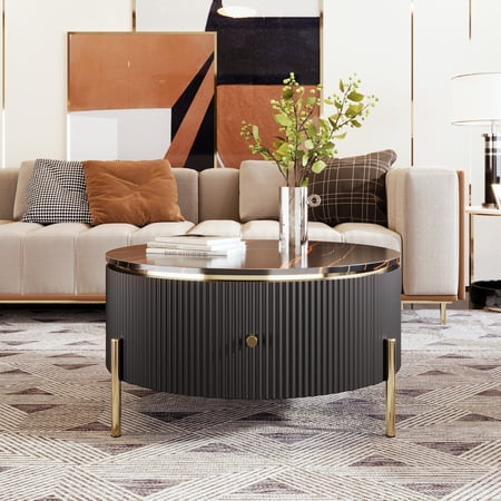 Harper & Bright Designs Black Round Coffee Table with 2 Storage Drawers, Side Table Circle Accent Table with Marble Pattern Tabletop and Golden Leg for Living Room Bedroom Office Apartment