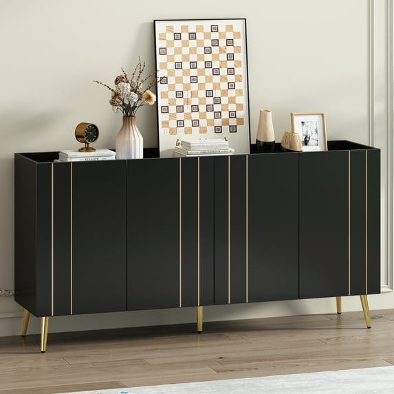 Harper & Bright Designs Buffet Sideboard 4 Doors Accent Shoe Storage Cabinet with Metal Legs, Entryway Console Table with Adjustable Shelves, Black