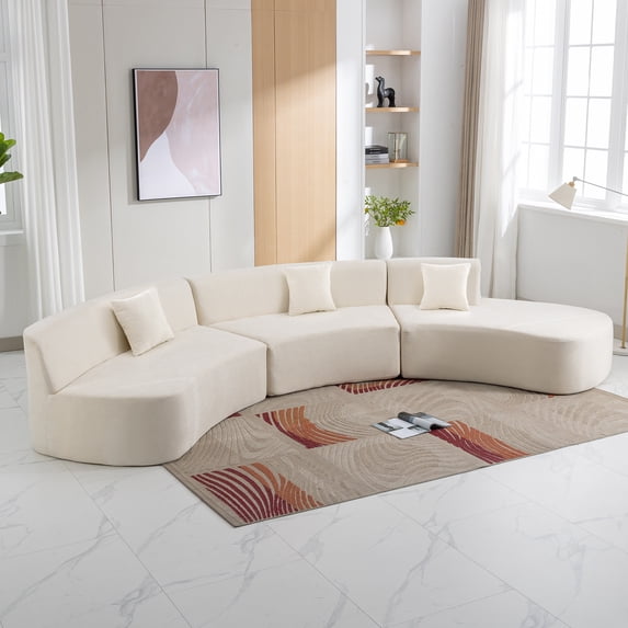 Churanty Chenille Floor Sofa Curved Couch Set,Modern Compressed Foam Sectional Sofa with Three Throw Pillows for Living Room,136.6" Beige