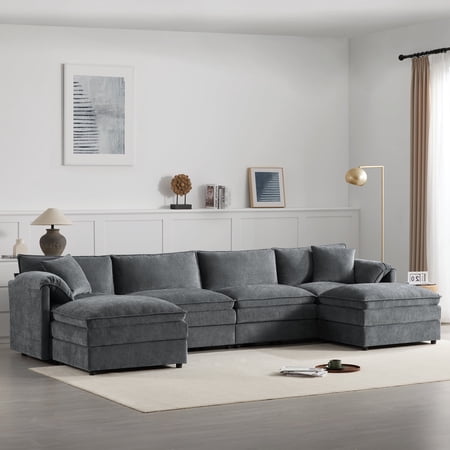 Harper & Bright Designs Chenille Modular Sectional Sofa with Ottomans, U-Shaped 6-Seat Cloud Couch Set, Double Cloud Cushions, Deep Seating & Reversible Design for Living Room, 136" Dark Gray