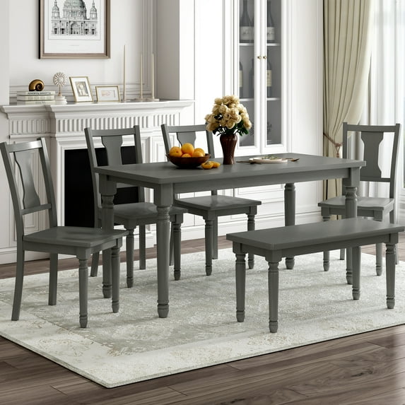 Churanty Classic 6 Pieces Dining Set Gray Wooden Rectangle Table and 4 Chairs with Bench for Kitchen Dining Room
