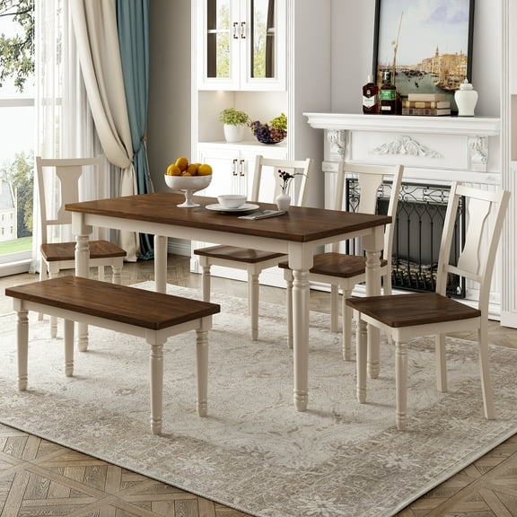 Harper & Bright Designs Classic 6 Pieces Dining Set Wooden Rectangle Table and 4 Chairs with Bench for Kitchen Dining Room, Brown+Cottage White