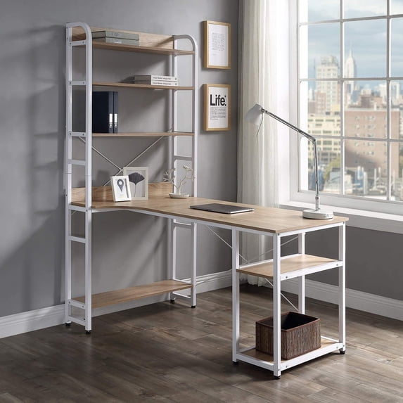 Churanty Computer Desk with 4 Tier Storage Shelves Large L-Shaped Home Office Desk Writing Table, Brown