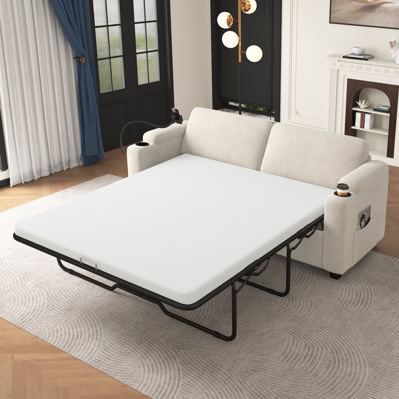 Harper & Bright Designs Corduroy Sleeper Sofa with Full Size Mattress, Convertible Pull-Out Sofa Bed with USB Charging Ports and Cup Holders & Phone Holder for Small Spaces Apartments, 72.8" Beige
