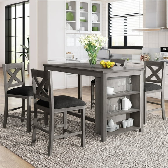 Harper & Bright Designs Counter Height Dining Table Set for 4, Wood Bar Table with Storage shelf and 4 Chairs for Small Places, Gray